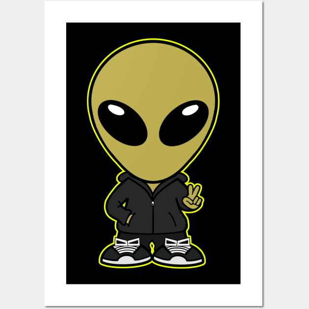 Space Alien Extraterrestrial Peace Hand Sign (Yellow) Wall Art by SpaceAlienTees